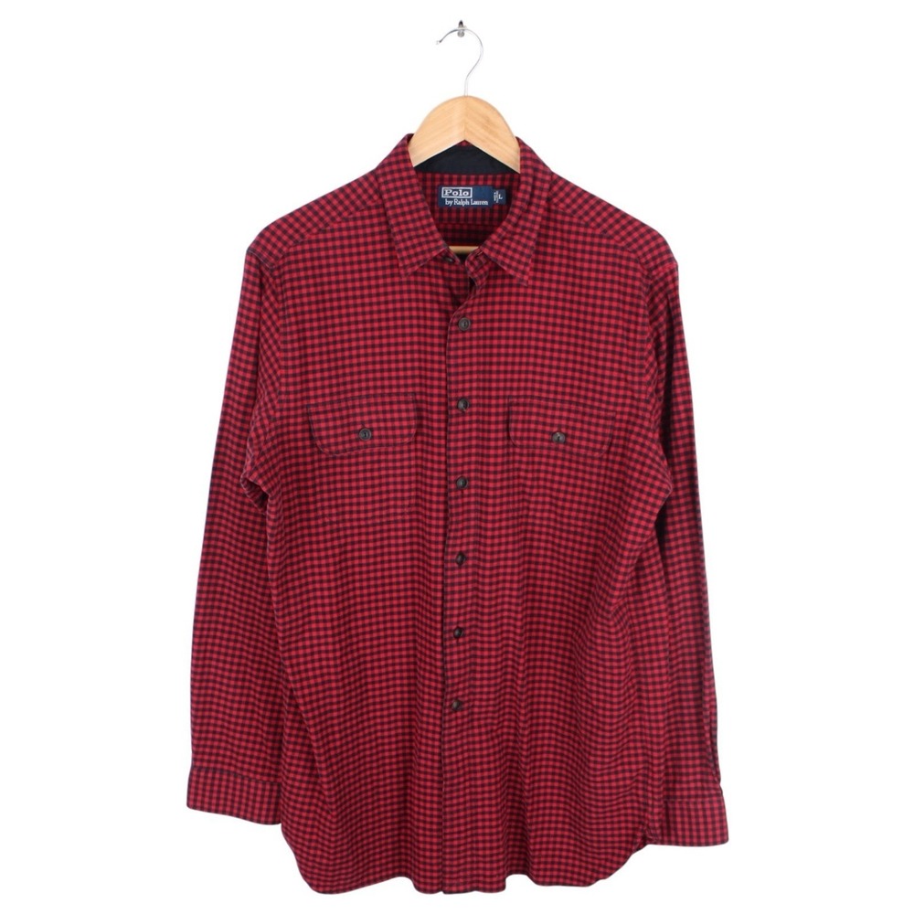 Polo Ralph Lauren Buffalo Plaid Flannel Shirt Red Black Button Front Size Large